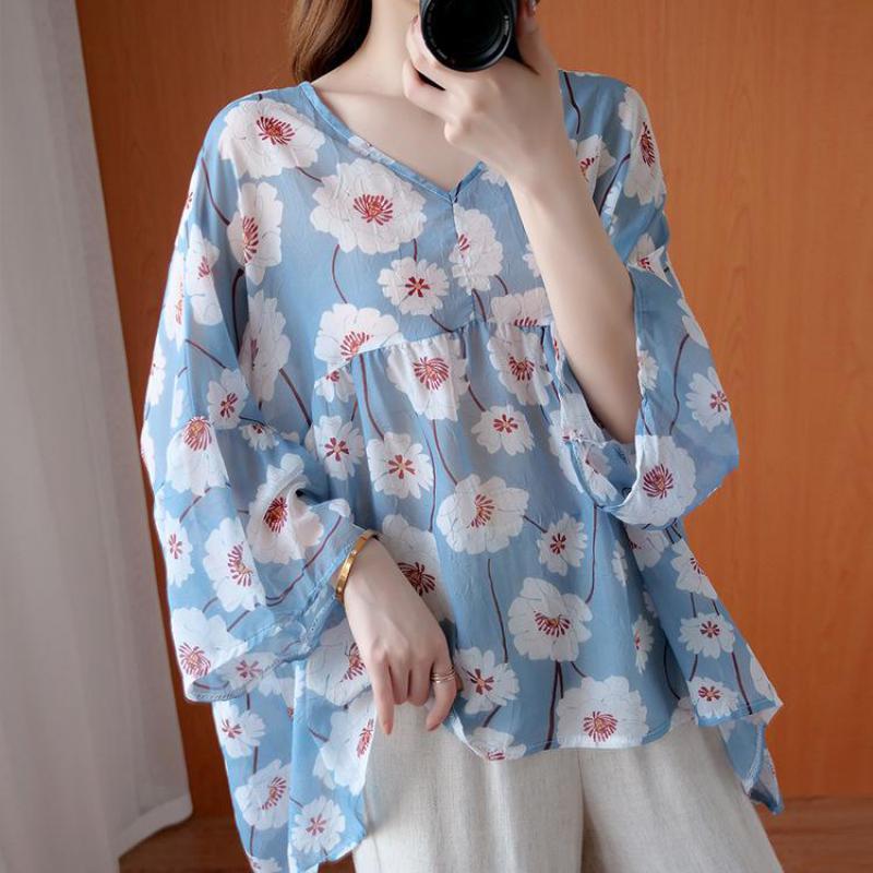 

Johnature Loose Comfortable Patchwork Print V-neck Irregular Pullover T-shirt Autumn Retro Fashion All-match Women Tops 210521, Light blue