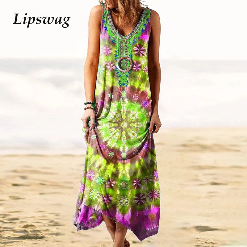 

vintage pattern print lady beach party dress women o neck sleeveless boho long dress 2021 spring summer loose maxi dress vestidohigh quality, Black;gray