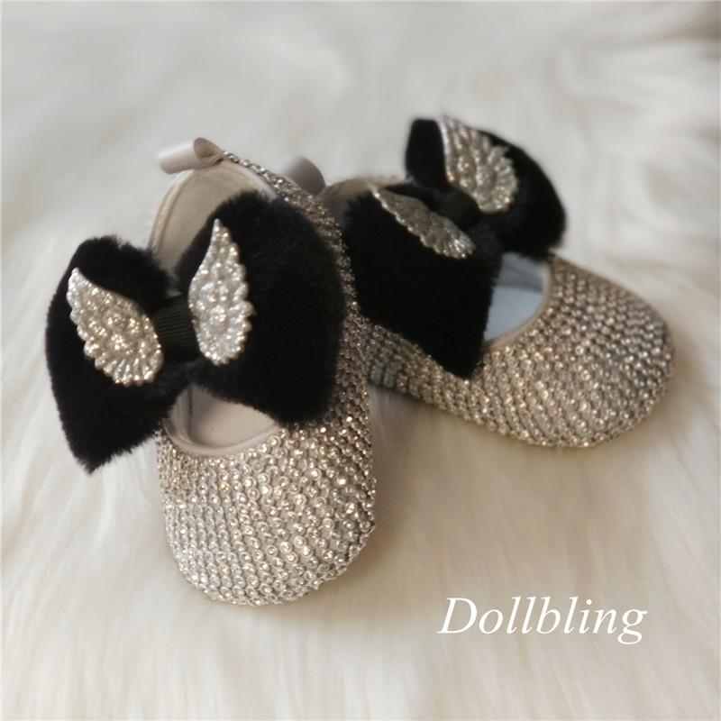 

First Walkers Dollbling Angel Wing Crystal Baby Botties Black Rex Fur Silver Custom Shiny Diamond 100 Days Gown Infant Shoes