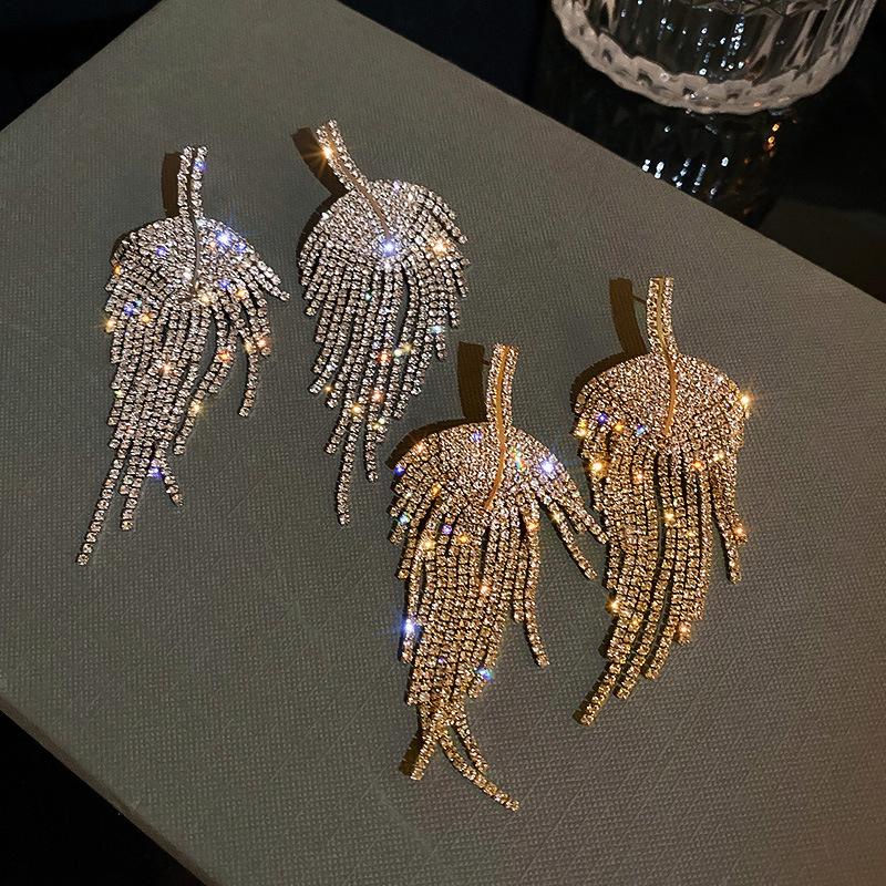 

Dangle & Chandelier 2022 Europe And America Shining Rhinestone Leaves Tassel Statement Earrings For Women Fashion Jewelry Party Pendientes, Silver