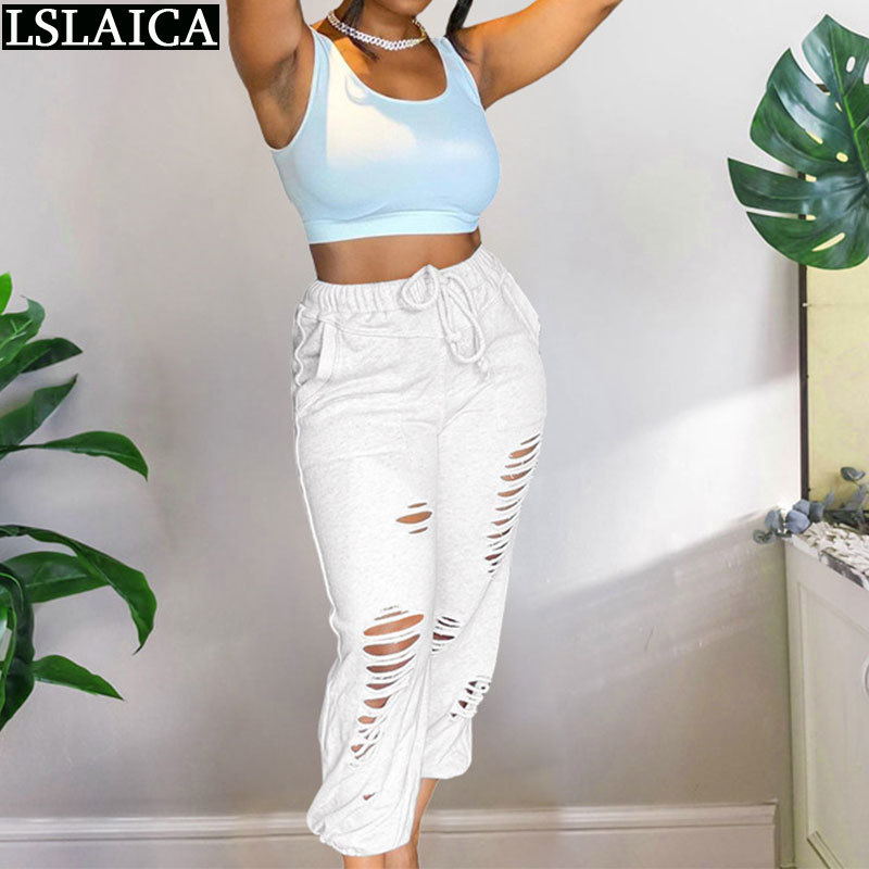 

Woman Pants Sport Casual Loose Drawstring Pocket Hole Trousers Women Fashion Solid Elastic Waist Pantalones Para Mujer 210520, White
