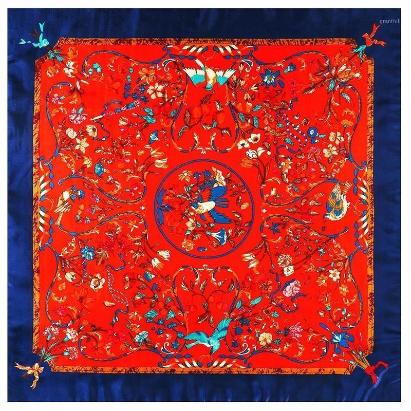 

Scarves 90cm Springtime Woman Scarf Flower And Bird Botany Printing Soft Silk Hijab Neckerchief Brand Matagorda Accessory, Blue;gray