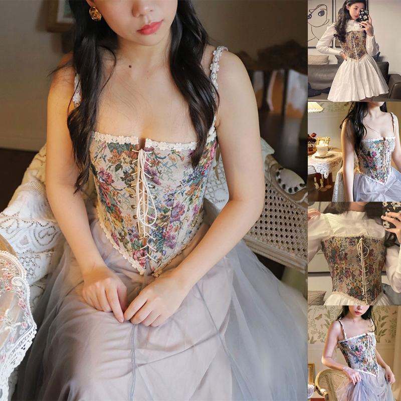 

Women Vintage Flower Print Bustier Tank Tops Sexy Elegant Slim Corset Crop Top With Straps For Party Club Ordinary Belts, Black;brown