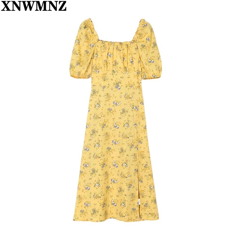 

Women Chic Yellow Floral Print Midi Dress woman Retro Side Split Vestidos Square Collar Girl Summer es robe 210520
