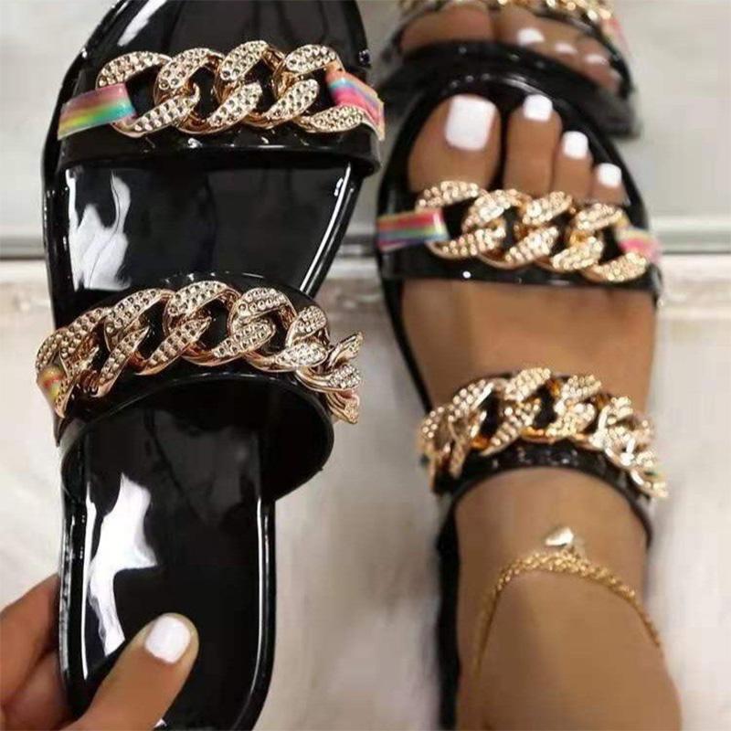 

Slippers Women Chain Flats Shoes Fashion Woman Sandals PU Casual Plus Size Footwear Ladies 2021 Slides Beach Female, Black
