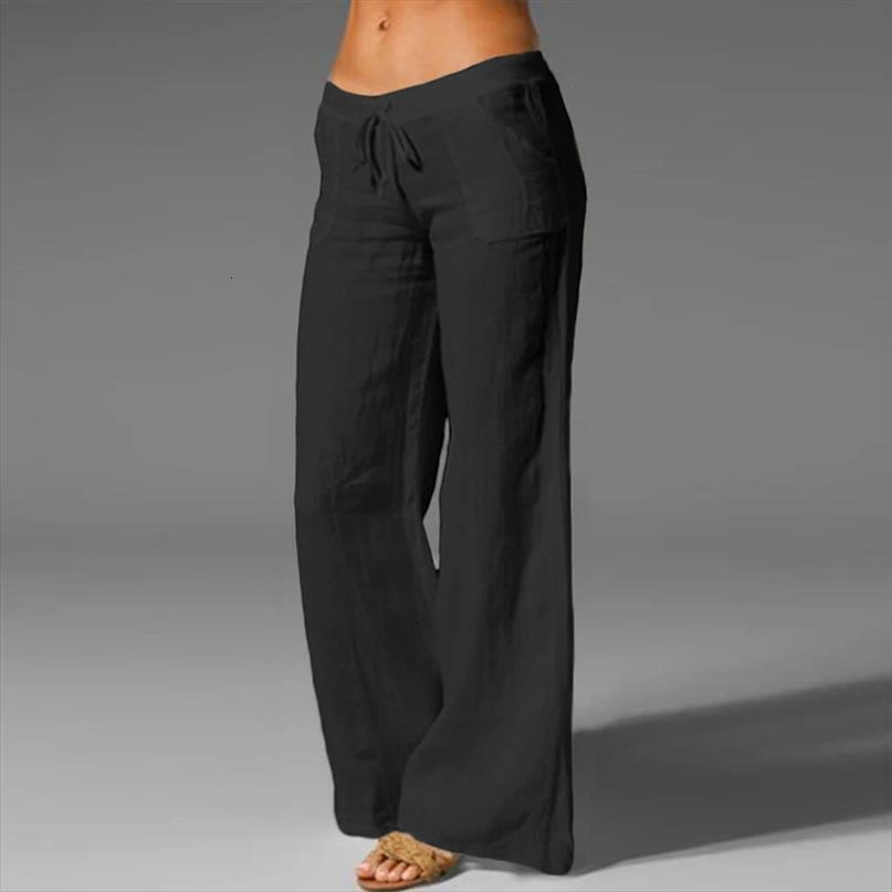 

autumn wide leg casual women capri cotton linen loose trouser elastic waist long trousers plus size femme flared pant, Black;white