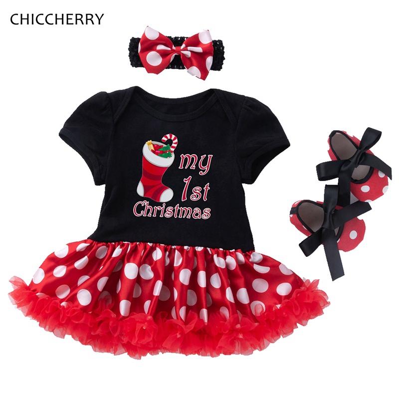 

Clothing Sets Xmas Sock Print My 1st Christmas Dress Headband Crib Shoes 3pcs Born Tutu Baby Girl Clothes Short Sleeve Toddler Outfits, White