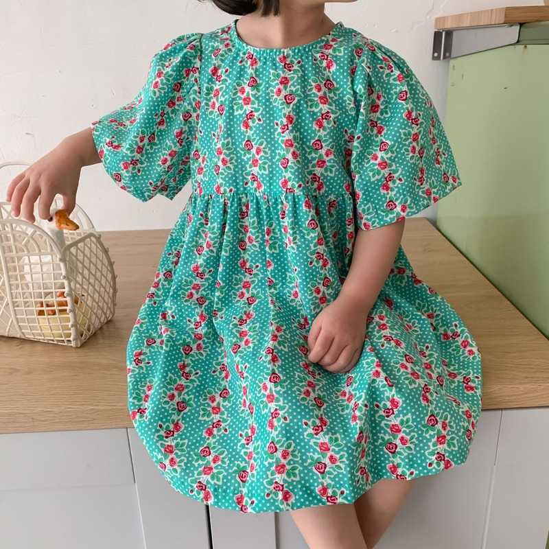 

Girls summer floral puff sleeve dress baby children cotton loose casual dresses 210615, Pink