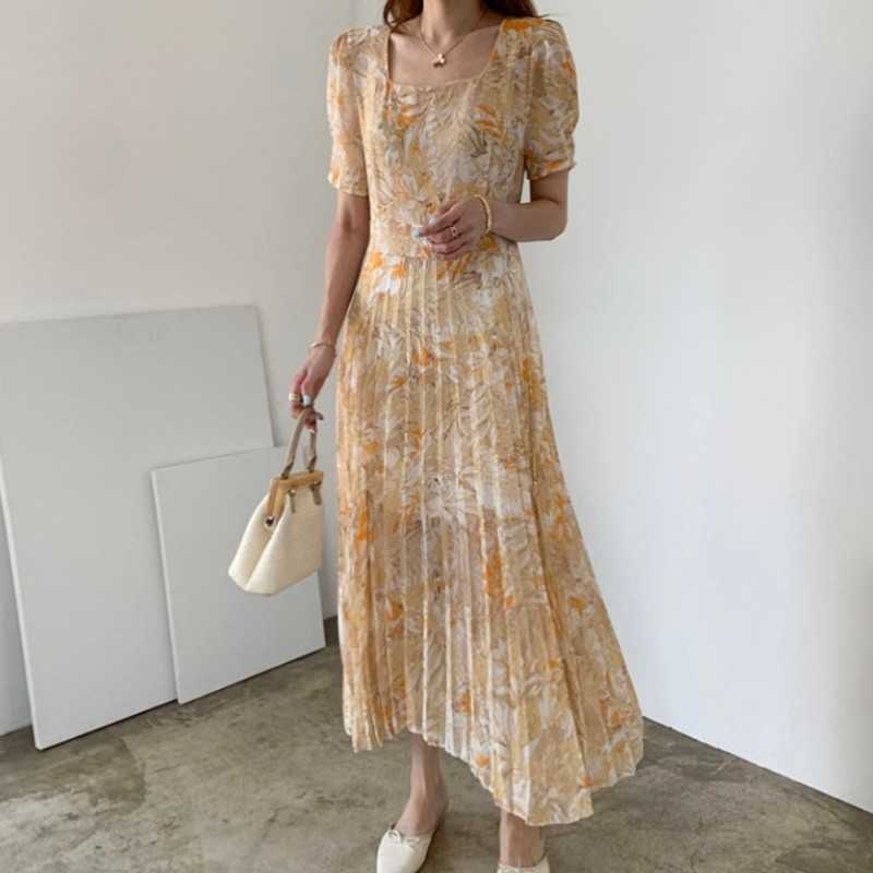 

Summer Fashion Printed Korean Chiffon Long Dress Women Short Sleeve Square Collar Belted Pleated Elegant Dresses Femme 210526, Photo color