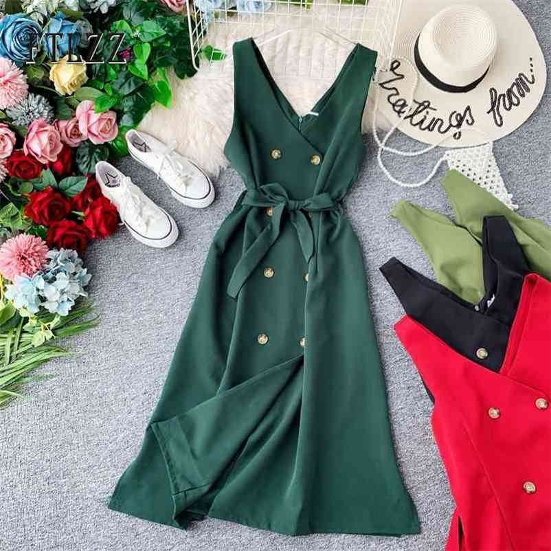 

Summer Vintage Dres Slim With Belt Double-breasted Casual Midi Vestidos Mujer Ladies Elegnat V-neck Bodycon 210602