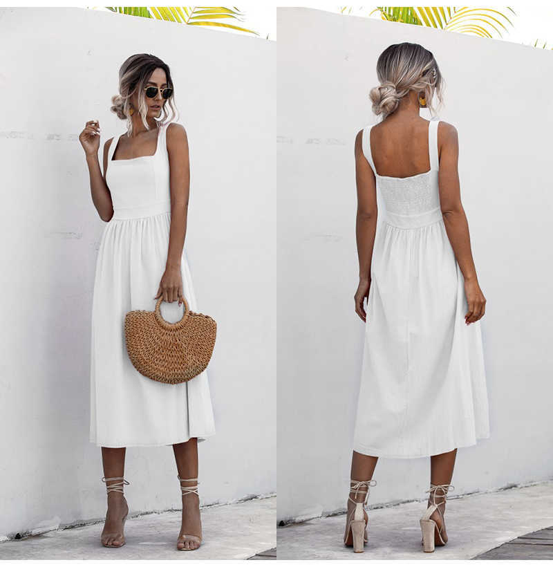 

Women Long Dress Summer Sexy Backless Casual White Black Ruched Slip Midi Sundresses 2020 Ladies Spaghetti Strap Vestido Clothes Y0603