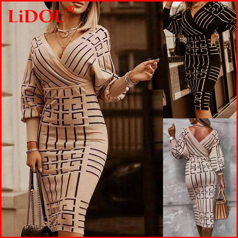 

Casual Dresses Autumn Sexy Party Lantern Sleeve Fashion Plaid V-neck High Waist Bodycon Dress Retro Women Elegant Office Formal Vestidos, Black;gray