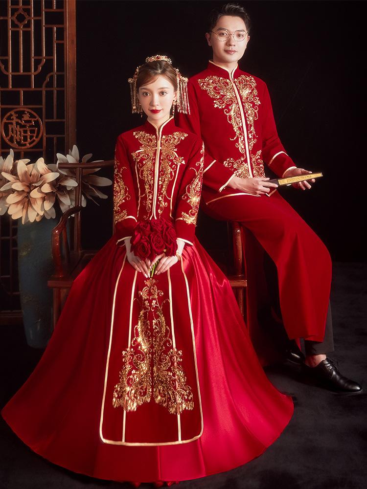

Ethnic Clothing Modern Red Exquisite Sequin Cheongsam Oriental Traditional Embroidery Qipao Chinese Style Wedding Dress