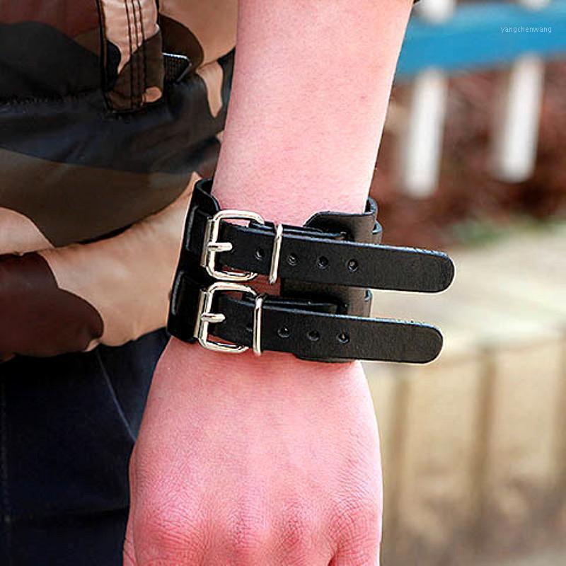 

Fashion Jewelry Genuine Black Brown Full-grain Leather Double Buckle Bracelet Wristband Bangle For Women Men