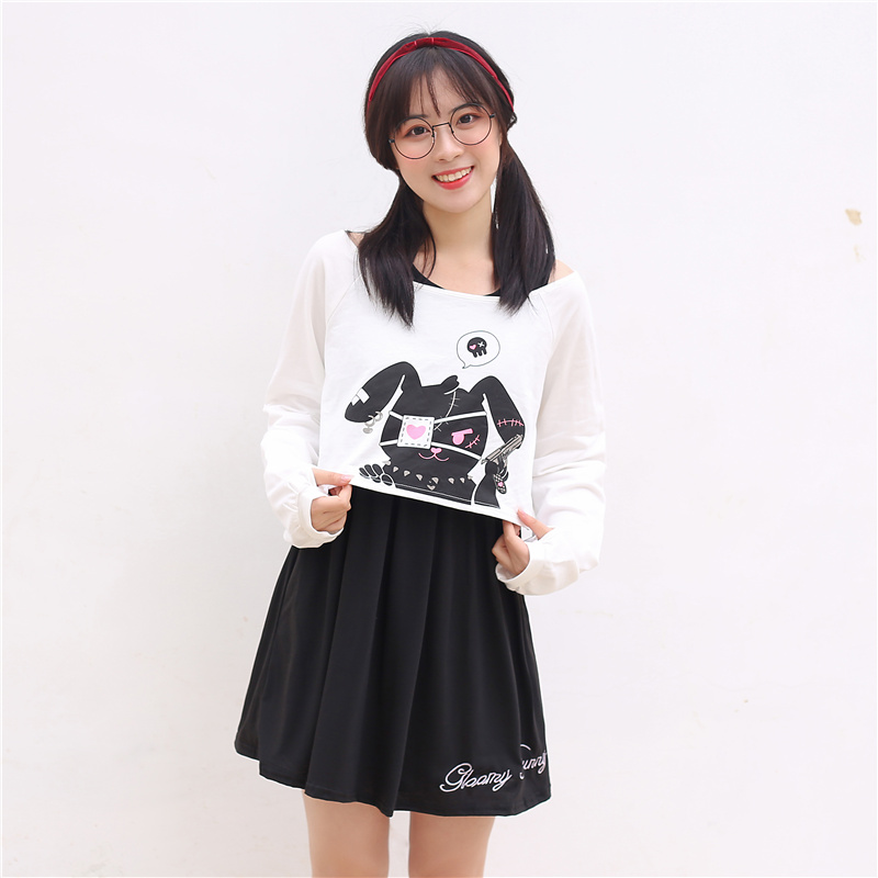 

2021japanese kawaii bunny rabbit lolita dress cute comic black two piece set cosplay long sleeve casual loose girl mini dresses, Black;gray