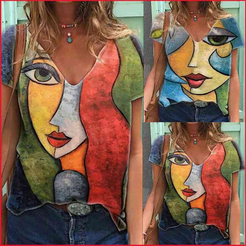 

Vintage V Neck Tshirt Womens Summer Casual Abstract Character Print T Shirt Tops Female Streetwear Y2K Short Sleeve Clothes Tees 210708, Portrait 2