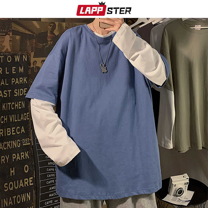 

LAPPSTER Men Patchwrok Oversized T Shirt Long Sleeve Autumn Mens Harajuku Korean Fashion Tshirts Fake Two Pieces Tops Tees 210629, Light grey