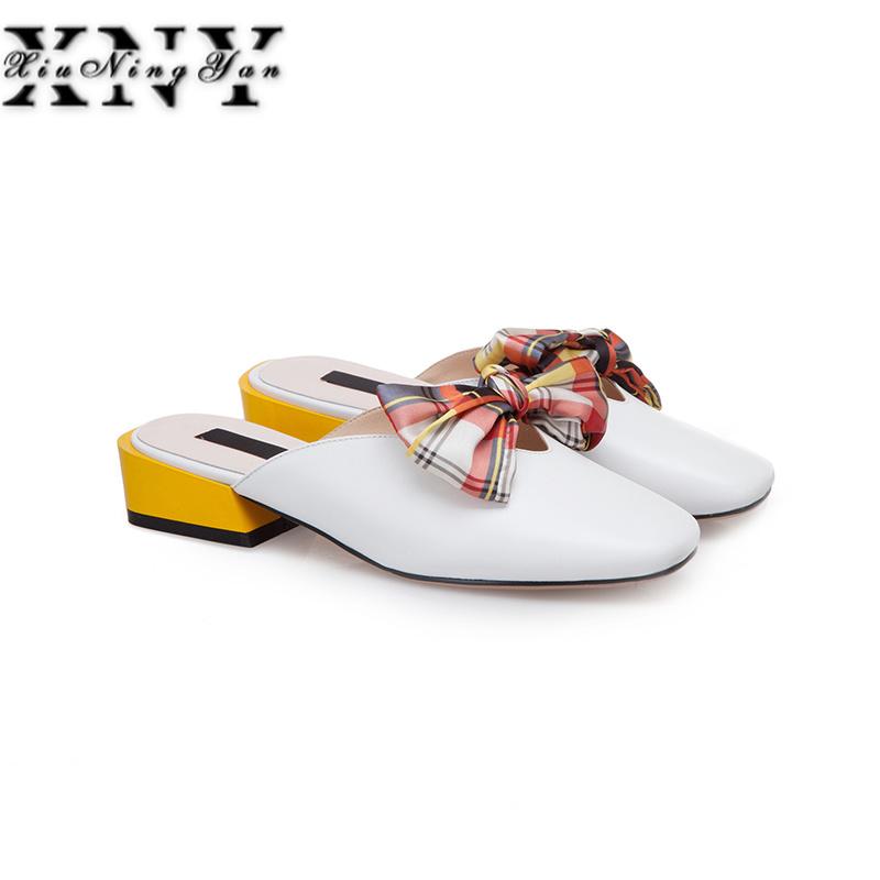 

Slippers XIUNINGYAN Brand 2021 Genuine Leather Summer Women White Flat Bow Tie Shoes Half Female Mules Loafer Slides, Black