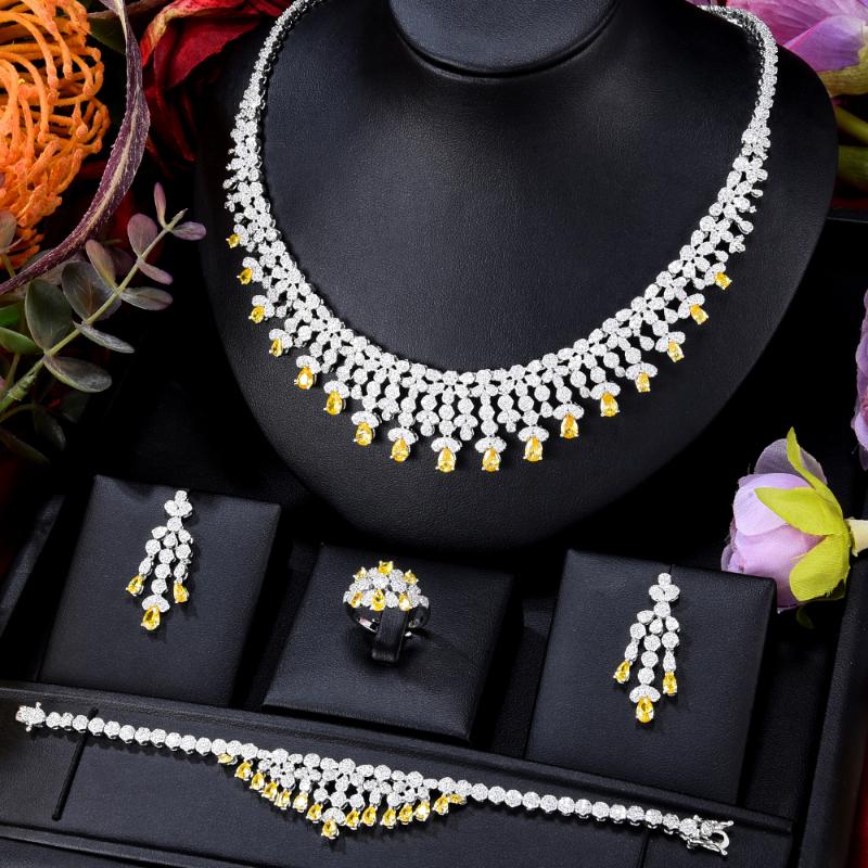 

Earrings & Necklace Blachette Dubai Noble Luxury Bangle Ring Ensemble De Bijoux Women Wedding Banquet Exquisite Zircon Jewelry Set, Silver