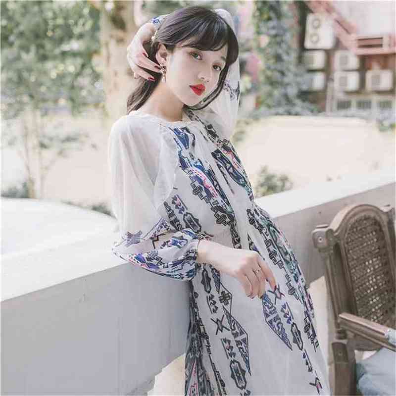 

Boho Printed Loose Long Dress Woman Lantern Sleeve Round Neck Bow Summer Beach Casual Female Maxi Vestido 210603, Blue
