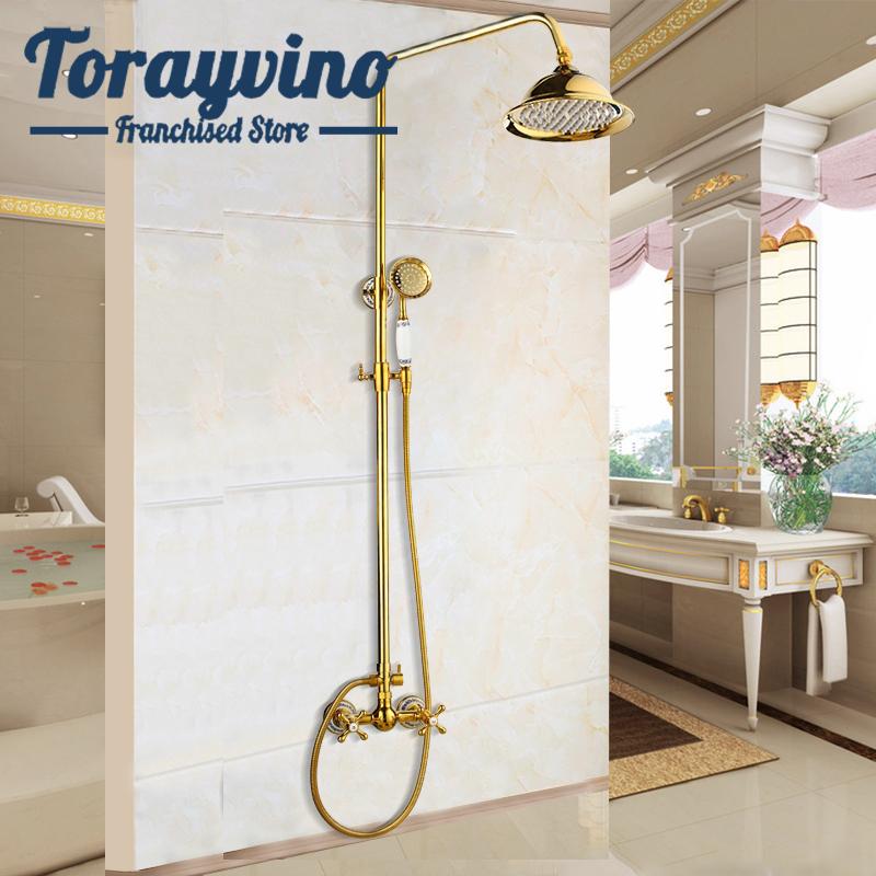

Torayvino Bathroom Shower Gold Brass Set Mixer Tap Faucet Rainfall Sprayer Head Round Wall Mounted Water Sets