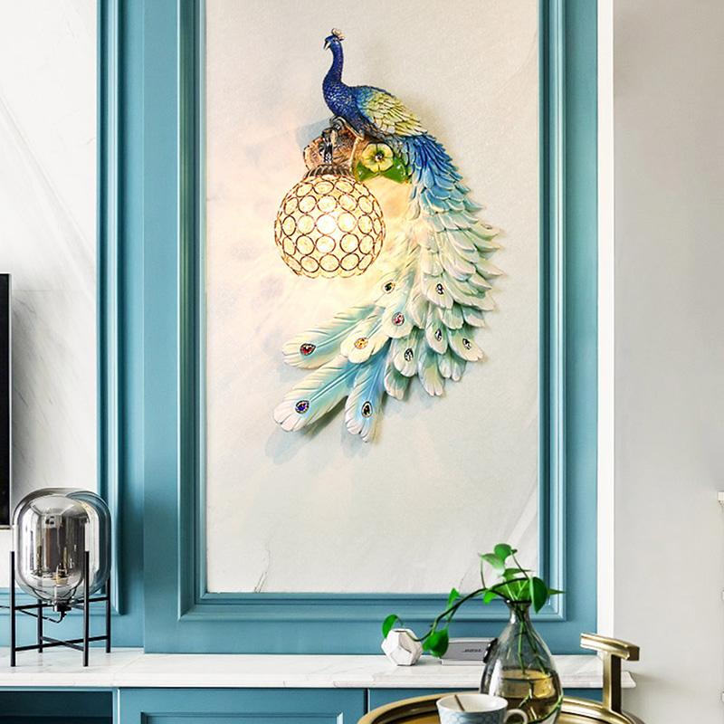 

European Light Luxury Wall Lamp Color Peacock LED Lusters Crystal Lampshade Bedroom Bedside Sconce Fixtures Lamps