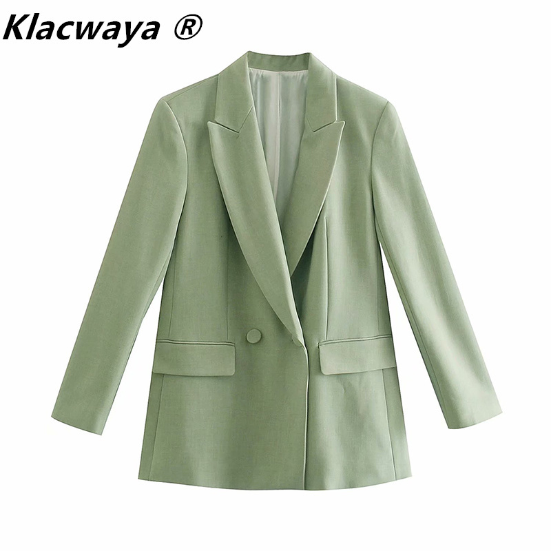 

Women Double Breasted Buttoned Blazer Grass Green Pronounced Shoulders Front Flap Pockets Feminine Office Outwear Top 210521
