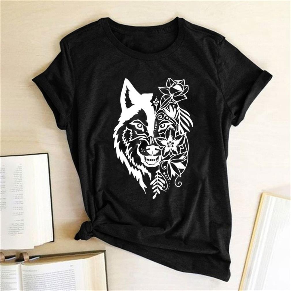 

wolf flowers printed men summer t shirts graphic streetwear for teens short sleeve clothing femme mujer camiseta, White;black