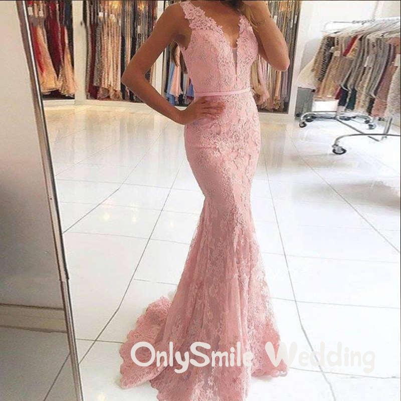 

Party Dresses Vestidos De Fiesta Largos Gala 2021 Elegant V-Neck Illusion Back Mermaid Evening Dress Pink Lace Long Prom, Beige