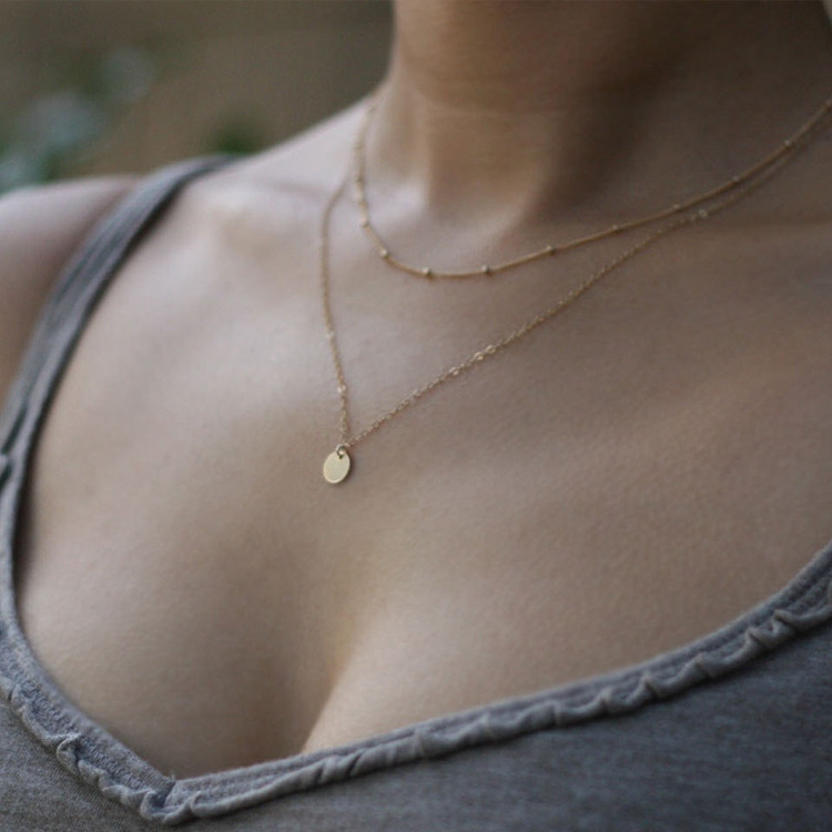 

Simple Double-layer Bead Chain Wafer Necklace Metal Small Wafer Gold And Silver Wind Short Neckchain Jewelry