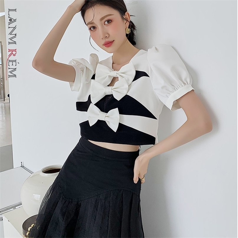 

Women Bow Decoration Short Sleeve T-shirt Stitching Color V-neck Fashion Top Summer Arrivals 2H118 210526, Black and white