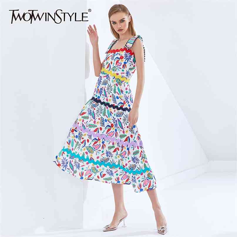 

Bohemian Print Sling Dress For Women Square Collar Sleeveless High Waist Hit Color Dresses Female Fashion Summer 210520