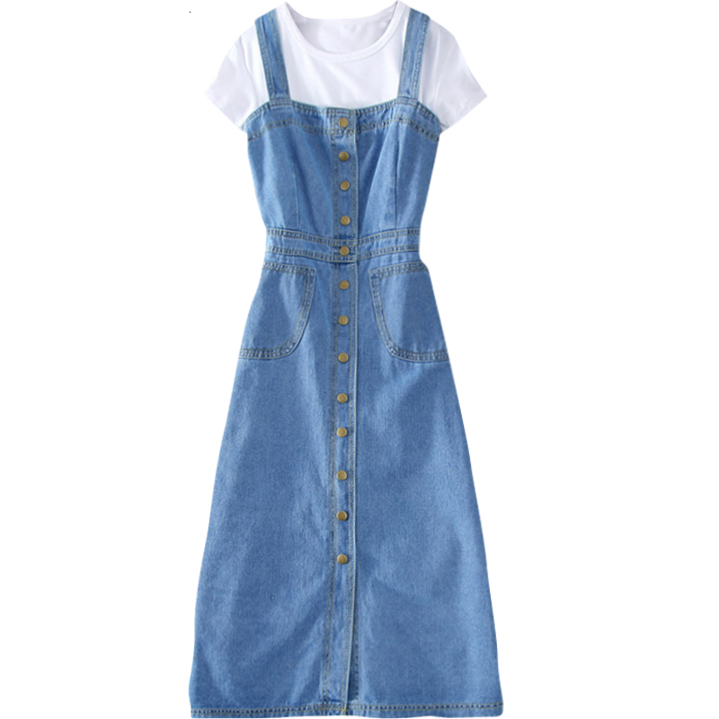 

Casual Dresses Spring Summer Women Denim Sundress Blue Slim Sunspender Jeans Dress A-line Buttons Party Vestidos A37K, Light blue