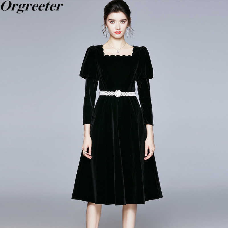 

Celebrity the same Black Mid Velvet Dress Fall Winter Retro Square collar Puff sleeve Beaded Belt Party Female 210525, Red