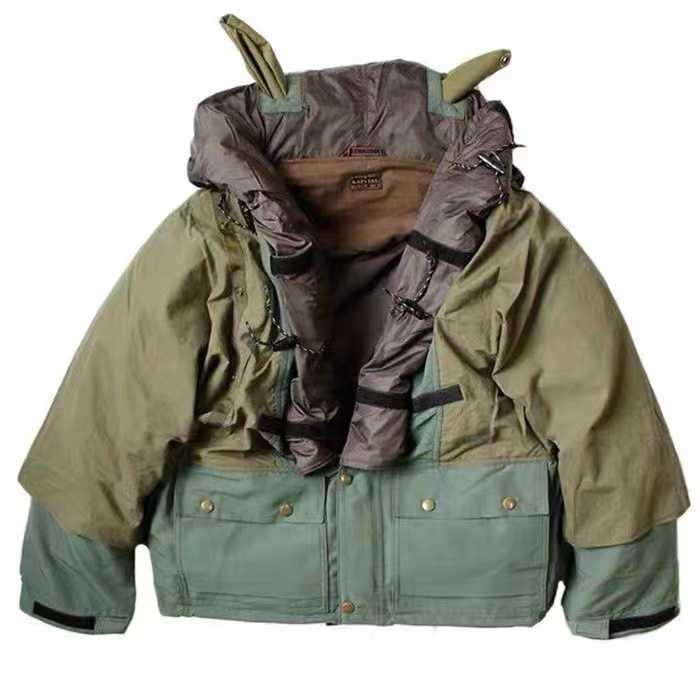 

2021 Kapital trendy loose nylon patchwork quintuple Cotton Hooded Jacket, Army green