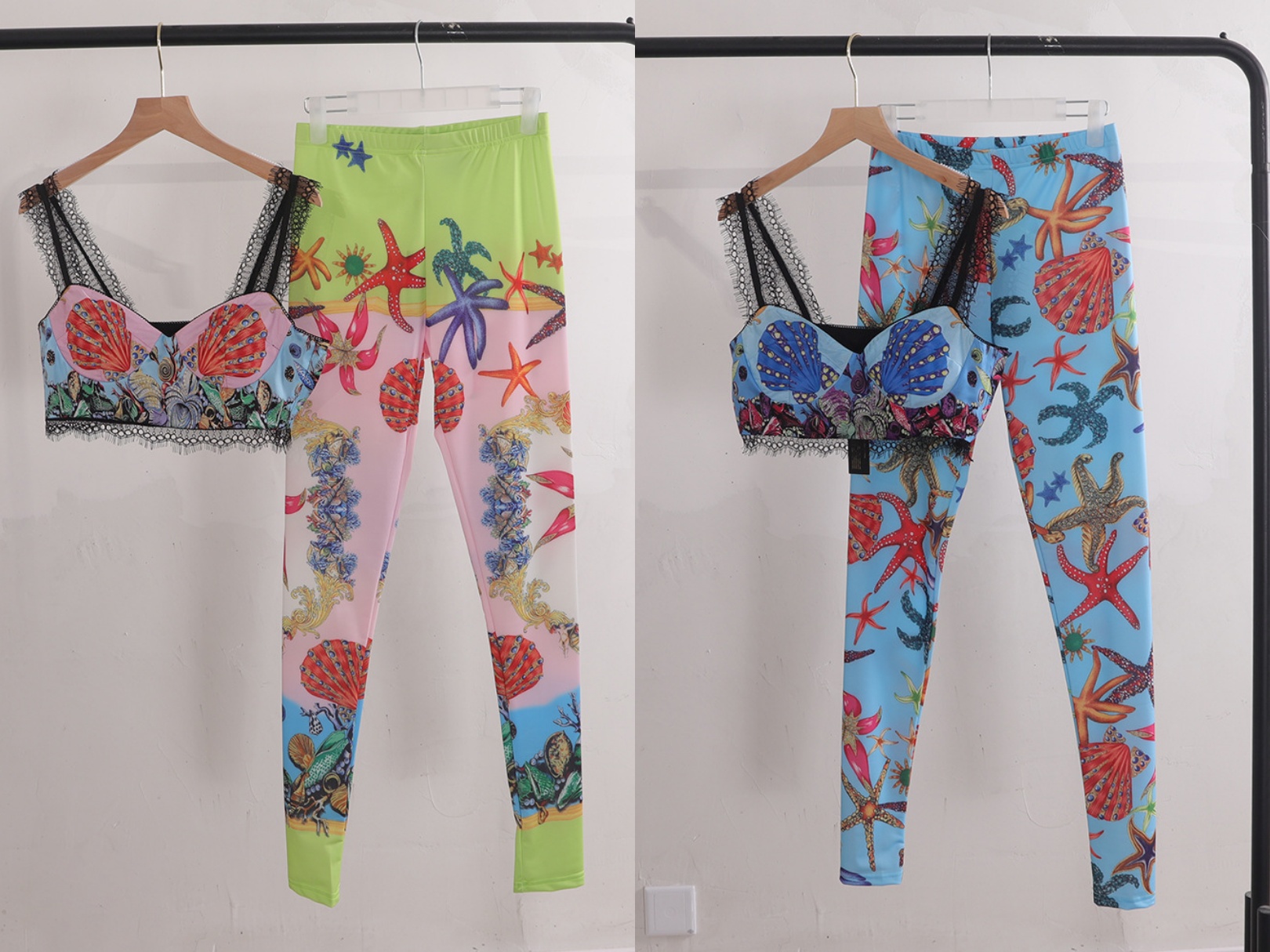 

Baroque style Two Piece pants starfish print bra+ leggings, White
