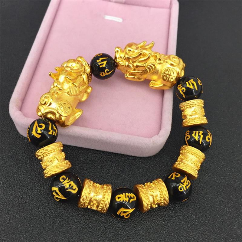 

Charm Bracelets Wholesale Vietnam Sand Gold Double Pixiu Bracelet Natural Six Words Black Onyx Beaded Fashion Men's Cuff Jewelry