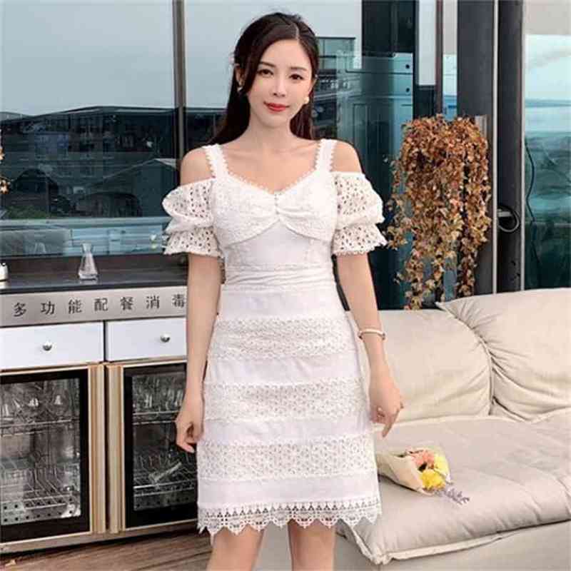 

White Patchwork Lace Dress For Women Square Collar Short Sleeve High Waist Sexy Party Mini Dresses Female Fashion 210603