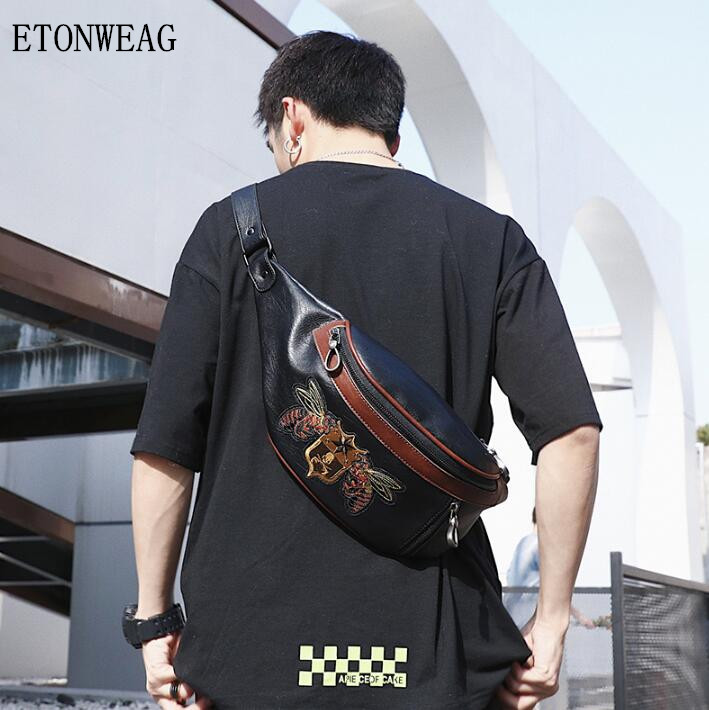 

Factory wholesale men handbag original design embroidery chest bag street cool bee embroiderys messenger handbags fashion leather shoulder bags, Black