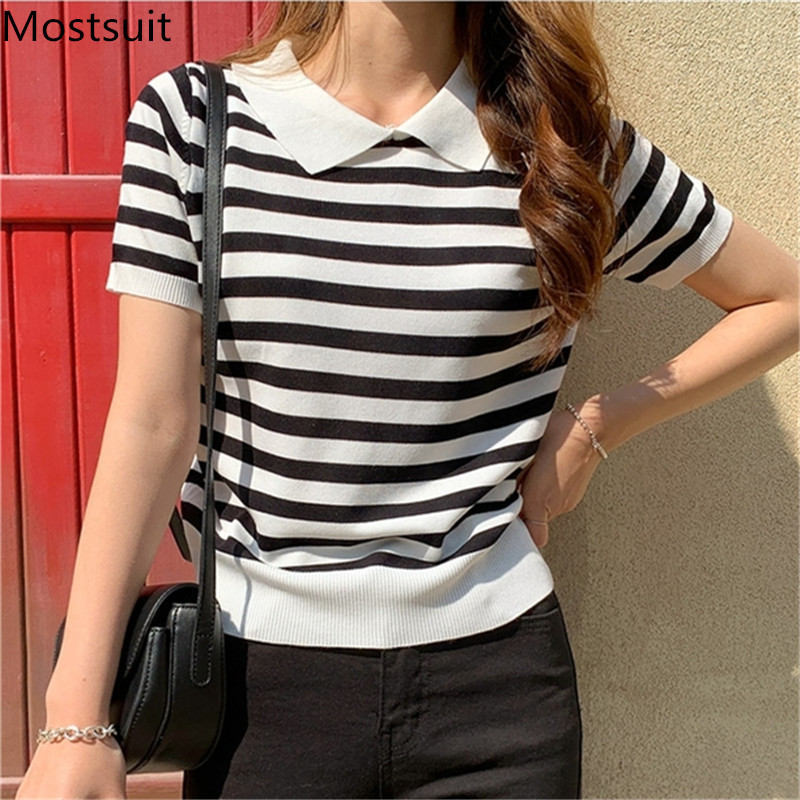 

Summer Korean Striped Knitted Tops T-shirts Women Short Sleeve Turn-down Collar Fashion Office Casual Female Tees T Shirts 210518, Black