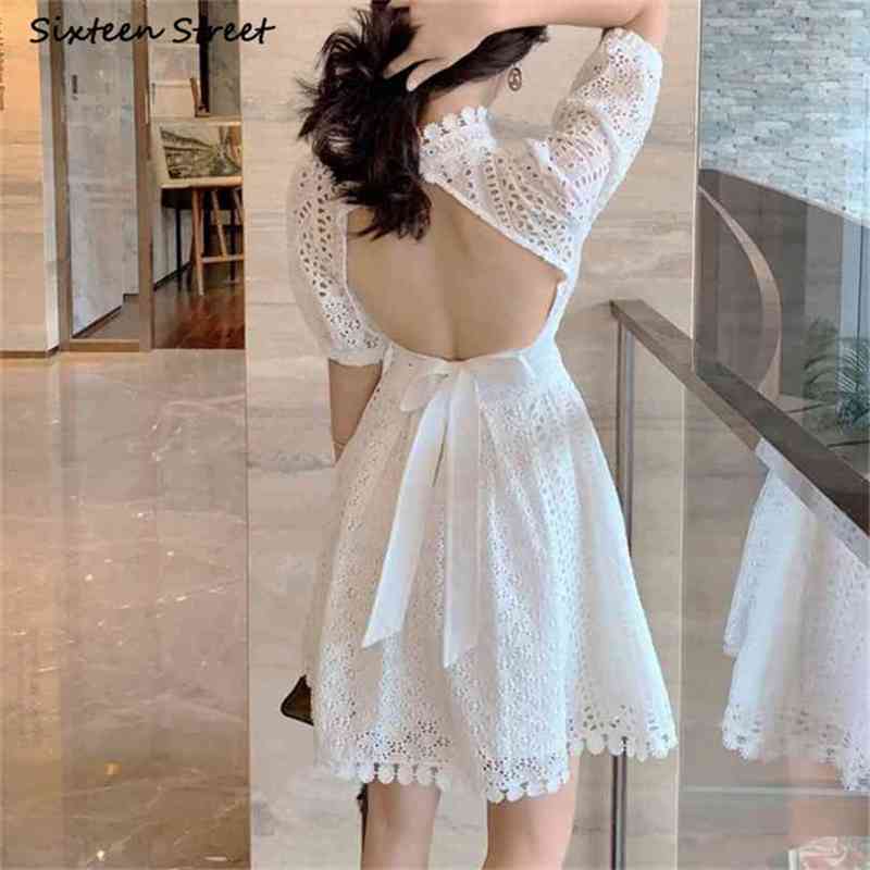 

Retro Backless Dress Woman Summer Beach High Waist Party Bodycon Female White Lace Bridesmaid Mini es Clothing 210603, Brown