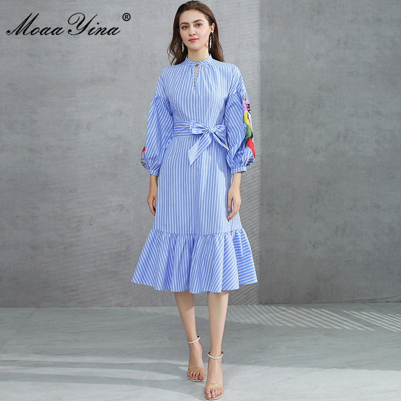 

Fashion Designer dress Spring Women's Dress Embroidery Lantern Sleeve Stripe Print Loose Dresses 210524, Blue