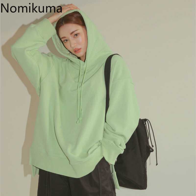 Nomikuma Autumn Causal Oversized Women Hooded Sweatshirt Long Sleeve Solid Hoody New Korean Chic Pullover Hoodies 6C172 210427