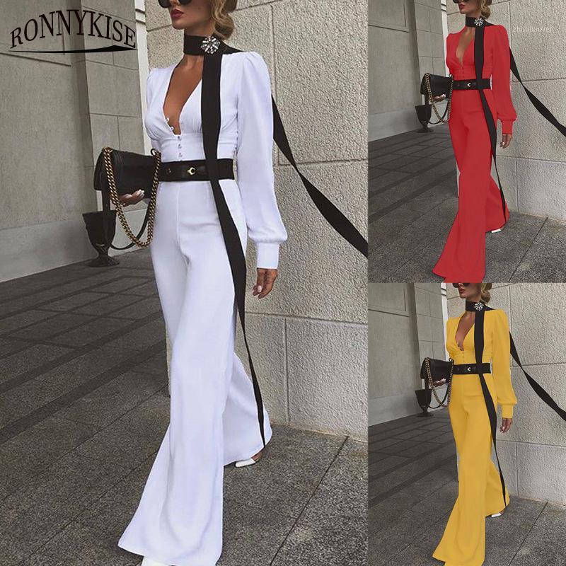 

Women's Jumpsuits & Rompers RONNYKISE High Waist Temperament Jumpsuit Women Long Sleeve Deep V-neck Casual Jumpers Ladies Fashion Clothes (N, Red