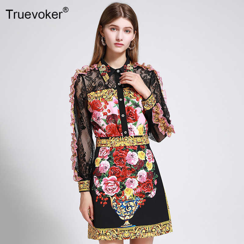 

Truevoker Runway High Street Two Pieces Set' Long Sleeve Flower Print Black Lace Blouses + Diamond Skirt Resort ets 210602