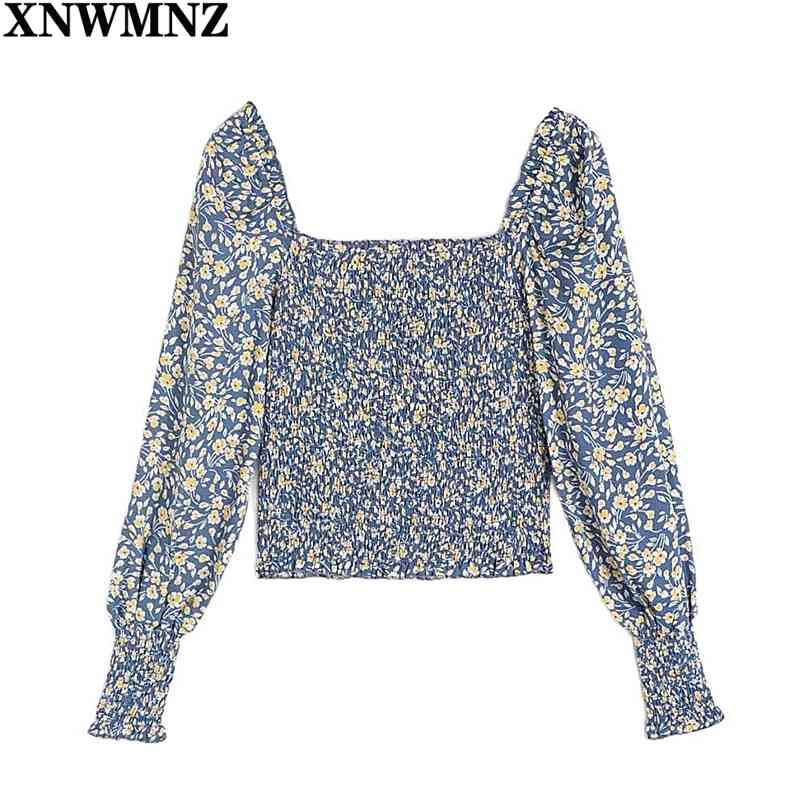 

Chic Yellow Floral Print Blue Long Sleeve Ropa Mujer Fashion Elastic Blouse Women Harajuku Vintage Square Collar 210520