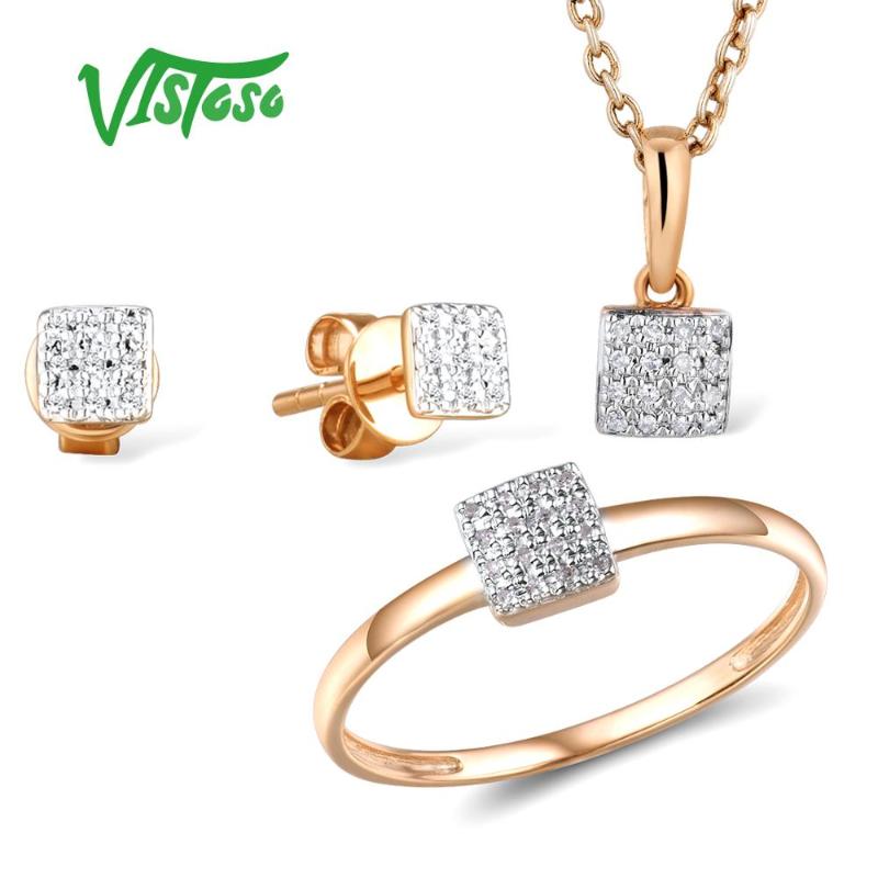 

Bracelet, Earrings & Necklace VISTOSO Jewelry Set For Woman Pure 14K 585 Rose Gold Sparkling Diamond Square Ring Pendant Fashion Fine, Black