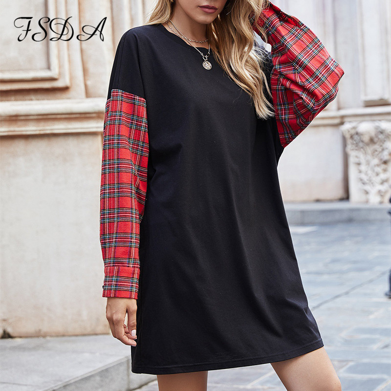 

20212021 patchwork long sleeve casual dress mini loose o neck autumn winter women a line oversized dresses plaid party, Black;gray