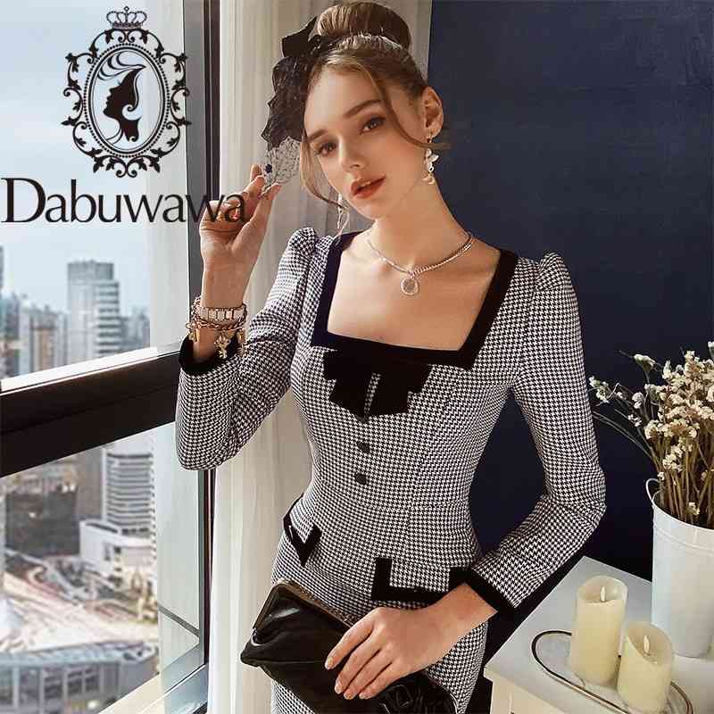 

Dabuwawa Vintage Plaid Bodycon Dress Women Square Neck Long Sleeve Pocket Front Tight Dresses Ladies High Street DO1ADR033 210520, Black