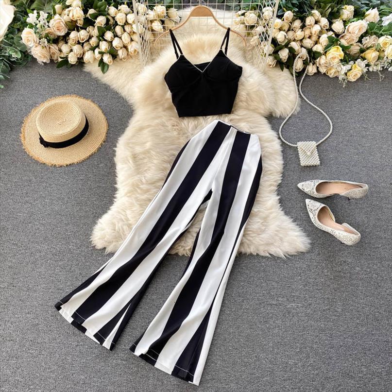 

suit 2 piece set short womenpant high waist black and white striped wide leg pants party club